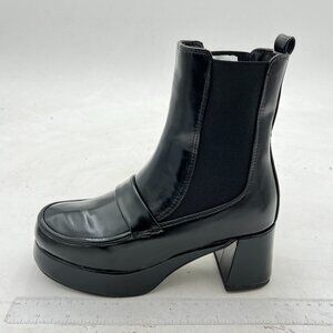 Black Round Toe Chunky Heel Ankle Boots Elastic Pull On Casual Walking Shoe
